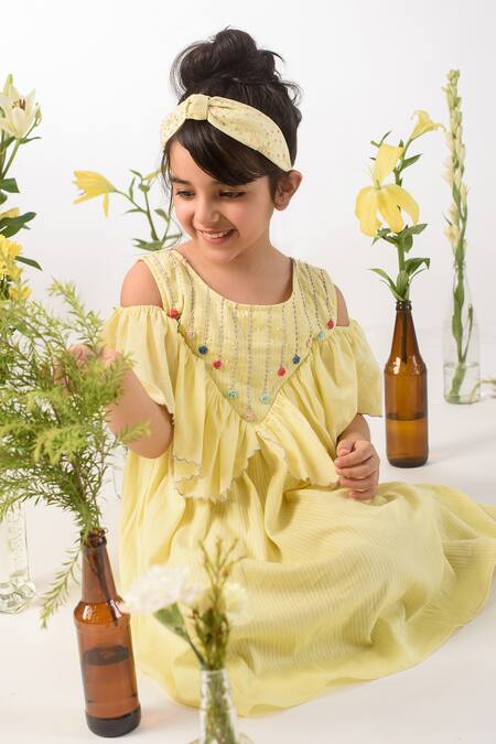 Shop Littleens Yellow Handloom , Embroidery Organic Cold Shoulder Dress Online at Aza Fashions Shop_Littleens_Yellow Handloom , Embroidery Organic Cold Shoulder Dress _Online_at_Aza_Fashions