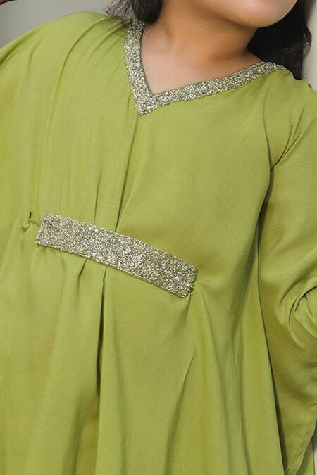 Shop_Littleens_Green Tencel Embroidery, Beads Masakali Embellished Kaftan And Sharara _Online_at_Aza_Fashions