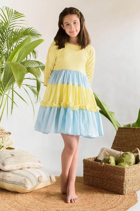 Littleens Blue Handloom , Colorblock Tiered Dress 