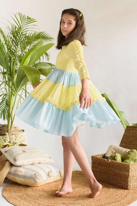 Buy Littleens Blue Handloom , Colorblock Tiered Dress Online at Aza Fashions Buy_Littleens_Blue Handloom , Colorblock Tiered Dress _Online_at_Aza_Fashions