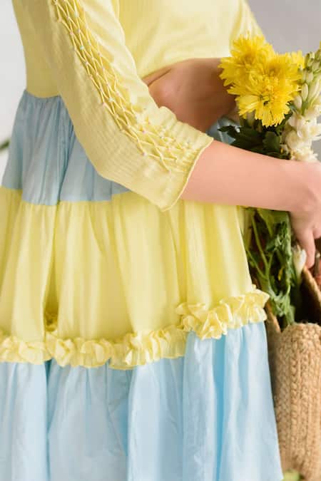 Shop Littleens Blue Handloom , Colorblock Tiered Dress Online at Aza Fashions Shop_Littleens_Blue Handloom , Colorblock Tiered Dress _Online_at_Aza_Fashions