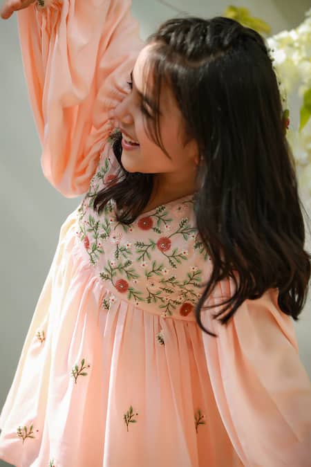 Buy_Littleens_Peach Tencel, Muslin Embroidery Shagufta Embellished Anarkali With Sharara _Online_at_Aza_Fashions