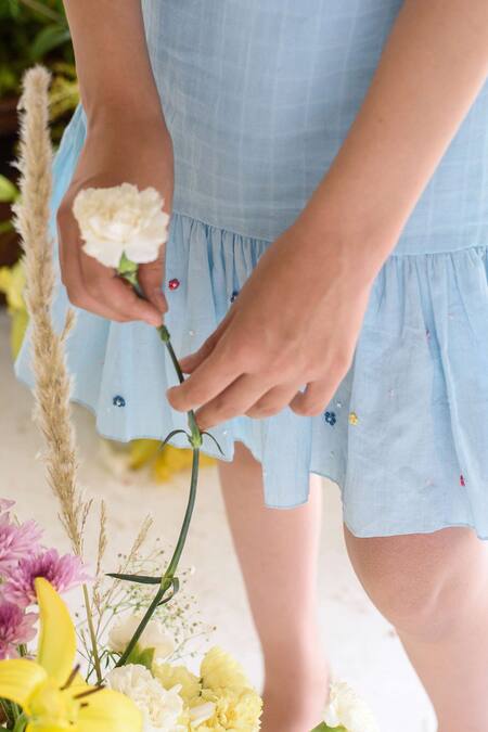 Littleens Blue Handloom , Embroidery One Shoulder Dress at Aza Fashions Littleens_Blue Handloom , Embroidery One Shoulder Dress _at_Aza_Fashions