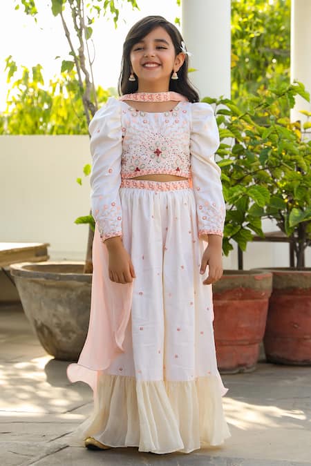 Buy_Littleens_White Velvet, Chiffon, Cotton Embroidery, Sequins Hera Sharara Set _Online_at_Aza_Fashions