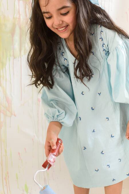 Littleens Blue Organza, Cotton Embroidery Dress at Aza Fashions Littleens_Blue Organza, Cotton Embroidery Dress _at_Aza_Fashions