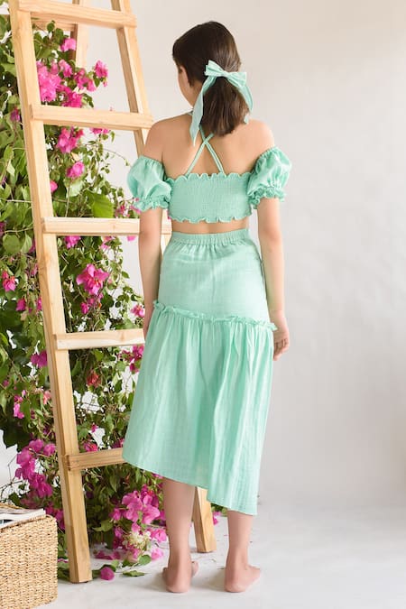 Shop Littleens Green Cotton Embroidery, Fringe Bralette And Skirt Set at Aza Fashions Shop_Littleens_Green Cotton Embroidery, Fringe Bralette And Skirt Set _at_Aza_Fashions