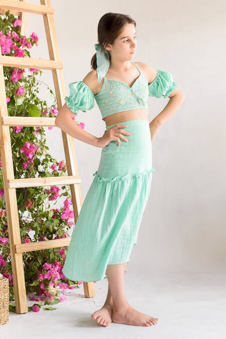Littleens Green Cotton Embroidery, Fringe Bralette And Skirt Set Online at Aza Fashions Littleens_Green Cotton Embroidery, Fringe Bralette And Skirt Set _Online_at_Aza_Fashions