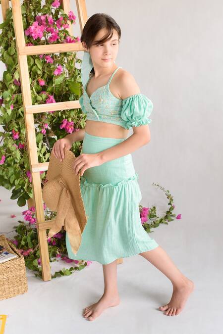 Buy Littleens Green Cotton Embroidery, Fringe Bralette And Skirt Set Online at Aza Fashions Buy_Littleens_Green Cotton Embroidery, Fringe Bralette And Skirt Set _Online_at_Aza_Fashions