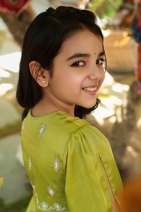 Littleens_Green Gingham, Cotton, Satin Embroidery Shaadmaani Kurta Set _Online_at_Aza_Fashions