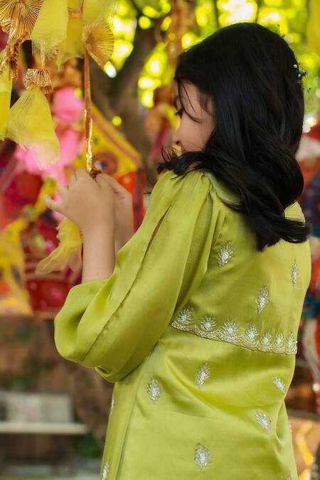 Buy_Littleens_Green Gingham, Cotton, Satin Embroidery Shaadmaani Kurta Set _Online_at_Aza_Fashions