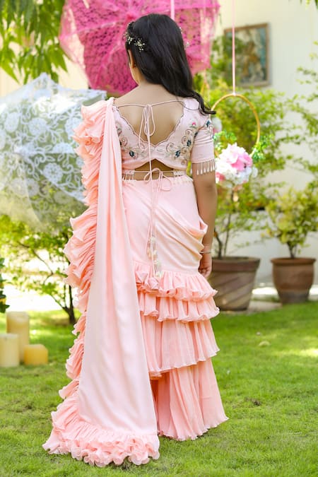 Shop_Littleens_Pink Tencel, Cotton Tassels, Embroidery Inaayat Ruffle Sharara Saree Set _at_Aza_Fashions