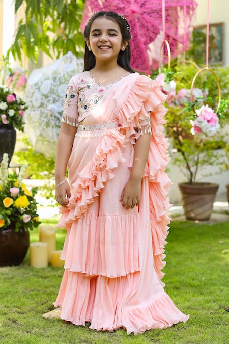 Buy_Littleens_Pink Tencel, Cotton Tassels, Embroidery Inaayat Ruffle Sharara Saree Set _Online_at_Aza_Fashions