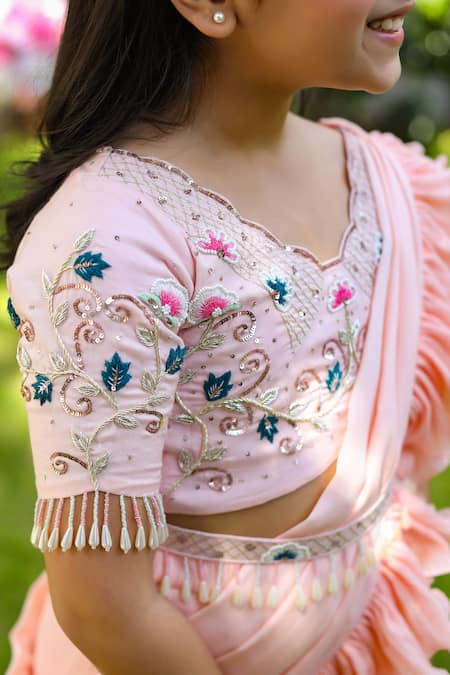 Littleens_Pink Tencel, Cotton Tassels, Embroidery Inaayat Ruffle Sharara Saree Set _at_Aza_Fashions