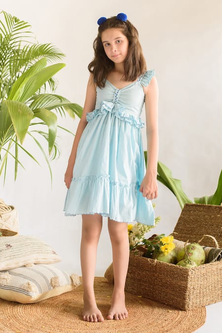 Littleens Blue Cotton Ruffles, Embroidery Organic A-line Dress 