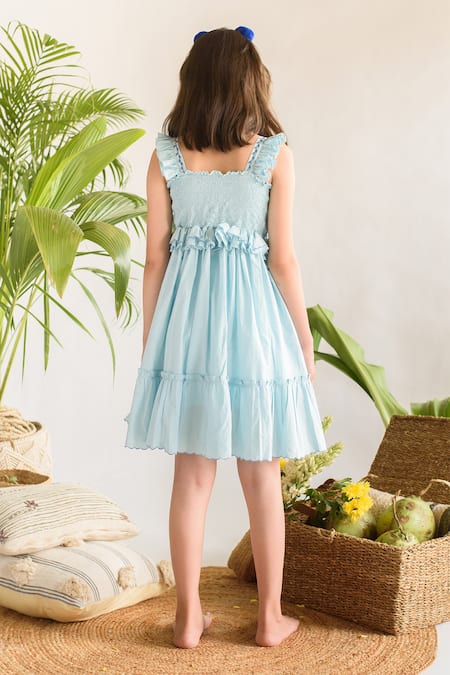 Shop Littleens Blue Cotton Ruffles, Embroidery Organic A-line Dress at Aza Fashions Shop_Littleens_Blue Cotton Ruffles, Embroidery Organic A-line Dress _at_Aza_Fashions