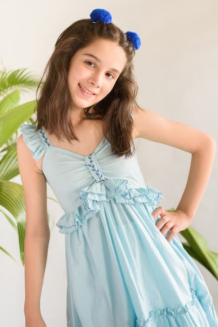 Buy Littleens Blue Cotton Ruffles, Embroidery Organic A-line Dress Online at Aza Fashions Buy_Littleens_Blue Cotton Ruffles, Embroidery Organic A-line Dress _Online_at_Aza_Fashions