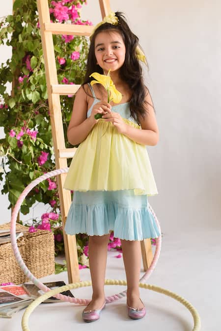 Littleens Blue Cotton Embroidery Organic Colorblock Dress 