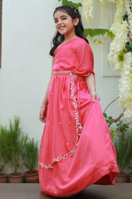 Littleens_Pink Velour, Silk, Cotton Embroidery Farhat Embellished Cape And Lehenga Set _Online_at_Aza_Fashions
