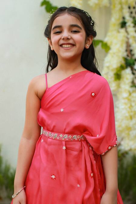 Buy_Littleens_Pink Velour, Silk, Cotton Embroidery Farhat Embellished Cape And Lehenga Set _Online_at_Aza_Fashions