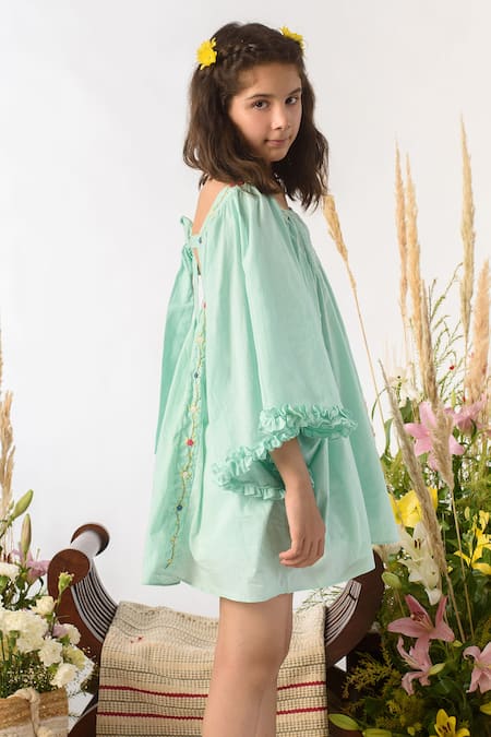 Littleens Green Cotton Bows Organic Dress Online at Aza Fashions Littleens_Green Cotton Bows Organic Dress _Online_at_Aza_Fashions