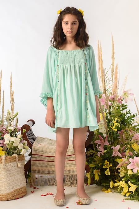 Buy Littleens Green Cotton Bows Organic Dress Online at Aza Fashions Buy_Littleens_Green Cotton Bows Organic Dress _Online_at_Aza_Fashions
