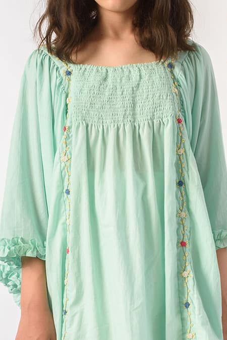 Shop Littleens Green Cotton Bows Organic Dress Online at Aza Fashions Shop_Littleens_Green Cotton Bows Organic Dress _Online_at_Aza_Fashions