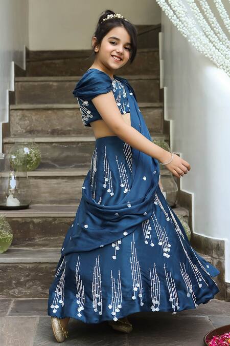 Littleens_Blue Satin Embroidery, Sequins Hoor Draped Lehenga Set _Online_at_Aza_Fashions