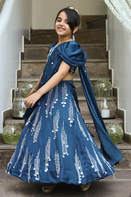 Shop_Littleens_Blue Satin Embroidery, Sequins Hoor Draped Lehenga Set _Online_at_Aza_Fashions