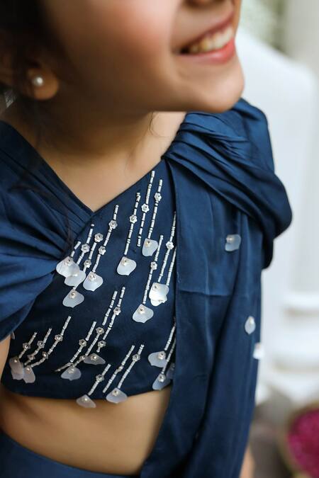 Littleens_Blue Satin Embroidery, Sequins Hoor Draped Lehenga Set _at_Aza_Fashions