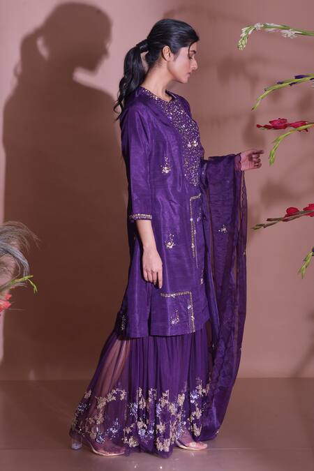 Garo_Purple Silk Kurta Gharara Set_Online_at_Aza_Fashions
