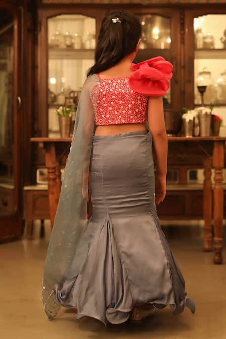 Shop_Littleens_Grey Organza, Satin, Gingham, Cotton Masarrat Pre-draped Saree Set _at_Aza_Fashions