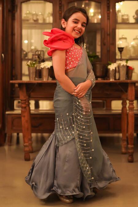 Littleens_Grey Organza, Satin, Gingham, Cotton Masarrat Pre-draped Saree Set _Online_at_Aza_Fashions