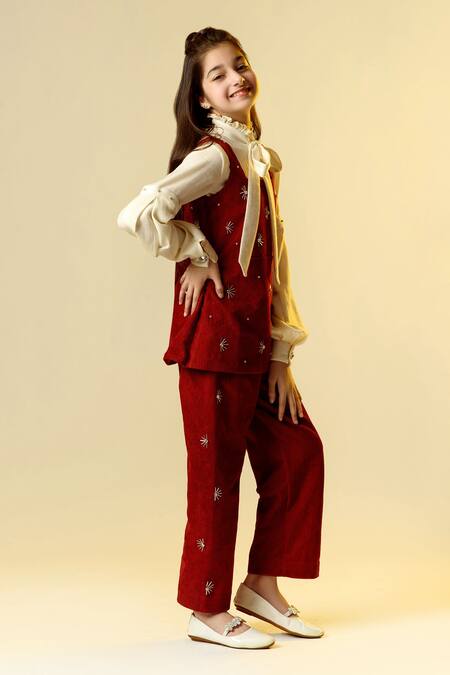 Littleens Maroon Wool, Corduroy Sequins, Embroidery Embellished Overlay And Trouser Set Online at Aza Fashions Littleens_Maroon Wool, Corduroy Sequins, Embroidery Embellished Overlay And Trouser Set _Online_at_Aza_Fashions