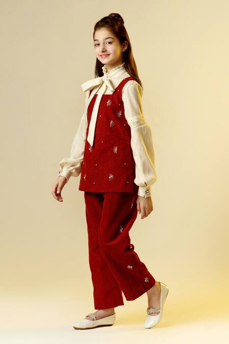 Buy Littleens Maroon Wool, Corduroy Sequins, Embroidery Embellished Overlay And Trouser Set Online at Aza Fashions Buy_Littleens_Maroon Wool, Corduroy Sequins, Embroidery Embellished Overlay And Trouser Set _Online_at_Aza_Fashions