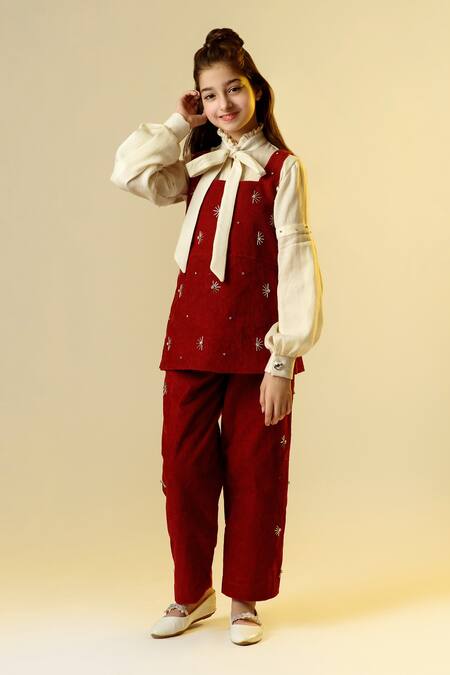Shop Littleens Maroon Wool, Corduroy Sequins, Embroidery Embellished Overlay And Trouser Set Online at Aza Fashions Shop_Littleens_Maroon Wool, Corduroy Sequins, Embroidery Embellished Overlay And Trouser Set _Online_at_Aza_Fashions