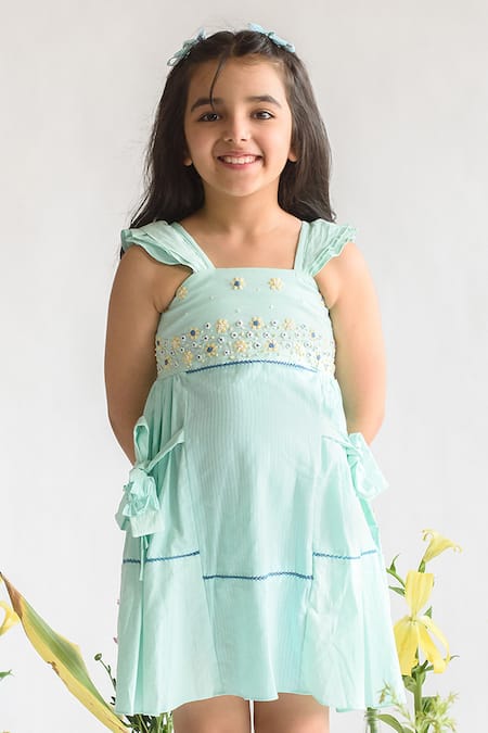 Buy Littleens Blue Handloom , Embroidery A-line Dress Online at Aza Fashions Buy_Littleens_Blue Handloom , Embroidery A-line Dress _Online_at_Aza_Fashions