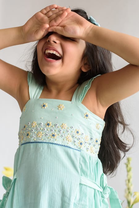 Shop Littleens Blue Handloom , Embroidery A-line Dress Online at Aza Fashions Shop_Littleens_Blue Handloom , Embroidery A-line Dress _Online_at_Aza_Fashions