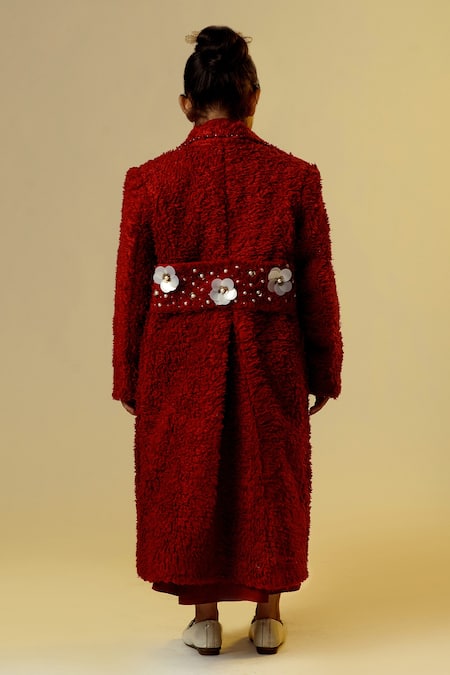 Shop Littleens Maroon Wool Pearls, Embroidery Embellished Coat And Pleated Dress at Aza Fashions Shop_Littleens_Maroon Wool Pearls, Embroidery Embellished Coat And Pleated Dress _at_Aza_Fashions
