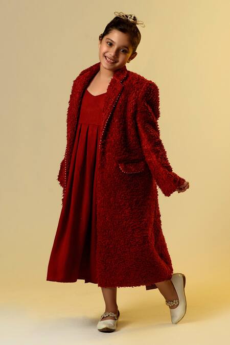 Littleens Maroon Wool Pearls, Embroidery Embellished Coat And Pleated Dress Online at Aza Fashions Littleens_Maroon Wool Pearls, Embroidery Embellished Coat And Pleated Dress _Online_at_Aza_Fashions