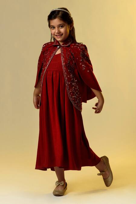 Littleens_Maroon Wool Sequins Embellished Cape With Dress _Online_at_Aza_Fashions