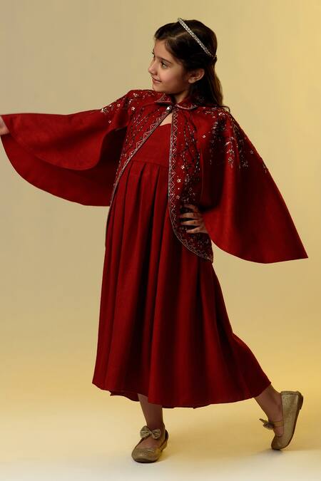 Buy_Littleens_Maroon Wool Sequins Embellished Cape With Dress _Online_at_Aza_Fashions