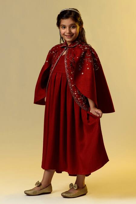 Shop_Littleens_Maroon Wool Sequins Embellished Cape With Dress _Online_at_Aza_Fashions