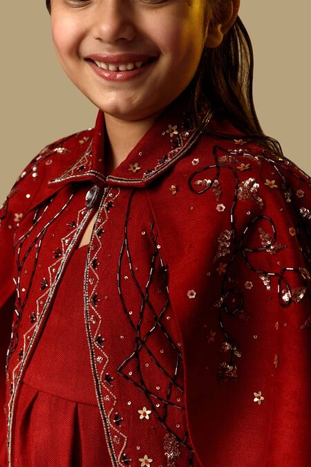 Littleens_Maroon Wool Sequins Embellished Cape With Dress _at_Aza_Fashions