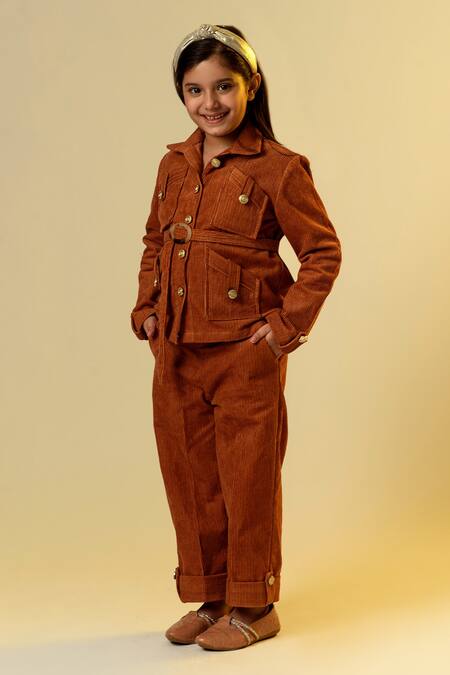 Littleens Brown Cotton, Corduroy Buckles Shirt And Trouser Set Online at Aza Fashions Littleens_Brown Cotton, Corduroy Buckles Shirt And Trouser Set _Online_at_Aza_Fashions