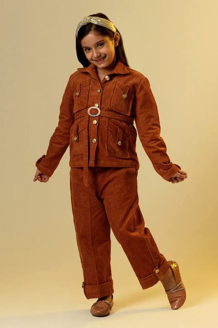 Buy Littleens Brown Cotton, Corduroy Buckles Shirt And Trouser Set Online at Aza Fashions Buy_Littleens_Brown Cotton, Corduroy Buckles Shirt And Trouser Set _Online_at_Aza_Fashions