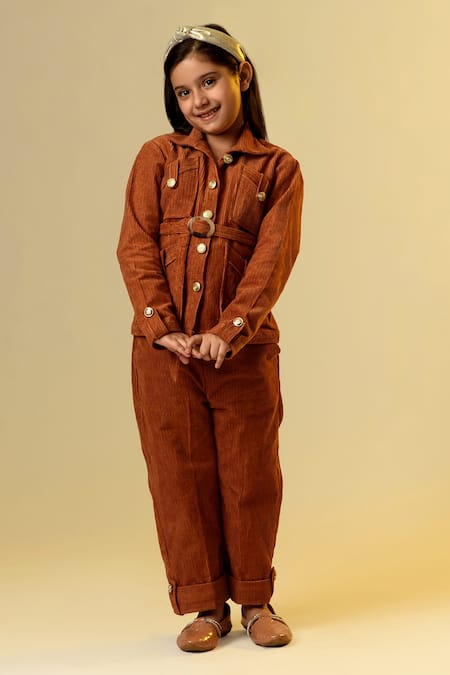 Shop Littleens Brown Cotton, Corduroy Buckles Shirt And Trouser Set Online at Aza Fashions Shop_Littleens_Brown Cotton, Corduroy Buckles Shirt And Trouser Set _Online_at_Aza_Fashions