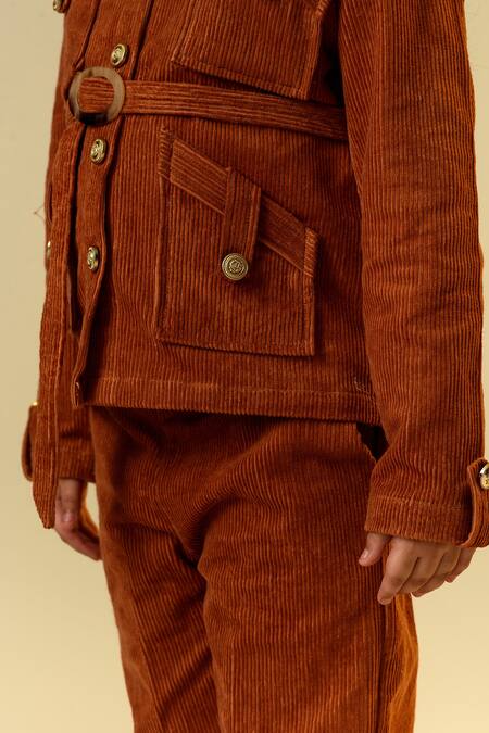 Littleens Brown Cotton, Corduroy Buckles Shirt And Trouser Set at Aza Fashions Littleens_Brown Cotton, Corduroy Buckles Shirt And Trouser Set _at_Aza_Fashions