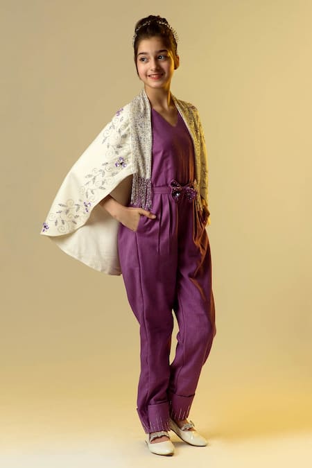Littleens_Purple Wool Beads, Embroidery Embellished Jumpsuit With Cape _Online_at_Aza_Fashions