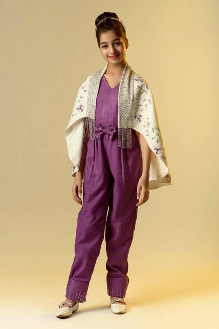 Buy_Littleens_Purple Wool Beads, Embroidery Embellished Jumpsuit With Cape _Online_at_Aza_Fashions