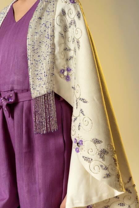 Shop_Littleens_Purple Wool Beads, Embroidery Embellished Jumpsuit With Cape _Online_at_Aza_Fashions